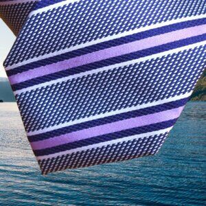 $840 BRIONI Navy lavender striped Regimental Handmade Italy Silk Neck Tie Long